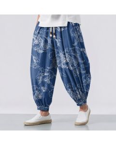 Buddha Stones Pure Cotton White Dragon Cloud Pattern Drawstring Men's Harem Pants With Pockets - SteelBlue / US/UK/AU38，EU48 (M)