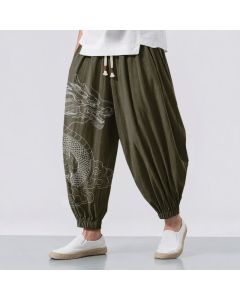 Buddha Stones Pure Cotton White Dragon Clouds Pattern Drawstring Men's Harem Pants With Pockets - DarkOliveGreen / US/UK/AU38,EU48 (M)