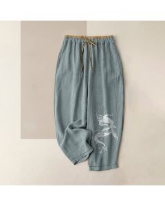 Buddha Stones Pure Cotton White Koi Fish Pattern Women's Elastic Waist Pants With Pockets - LightBlue / US4，UK/AU8，EU36 (S)