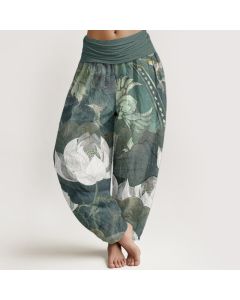 Buddha Stones Pure Cotton White Lotus Leaves Pattern Casual Women's Elastic Waist Harem Pants - DarkSeaGreen / US2，UK/AU6，EU34 (XS)