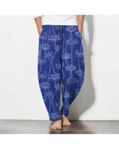Buddha Stones Pure Cotton White Lotus Line Art Pattern Drawstring Men's Tapered Pants With Pockets - RoyalBlue / US/UK/AU38，EU48 (M)