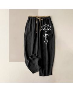 Buddha Stones Pure Cotton White Lotus Pattern Women's Elastic Waist Pants With Pockets - Black / US4，UK/AU8，EU36 (S)