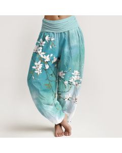 Buddha Stones Pure Cotton White Magnolia Branch Pattern Women's Elastic Waist Harem Pants - Turquoise / US2，UK/AU6，EU34 (XS)