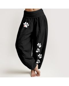 Buddha Stones Pure Cotton White Paw Print Pattern Women's Elastic Waist Harem Pants - Black / US6，UK/AU10，EU38 (M)