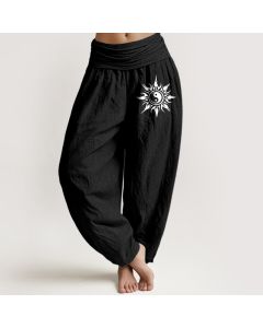 Buddha Stones Pure Cotton Yin Yang Sun Pattern Women's Elastic Waist Harem Pants - Black / US4，UK/AU8，EU36 (S)