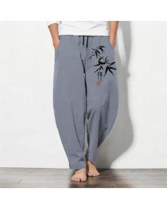 Buddha Stones Pure Cotton Zen Bamboo Leaf Pattern Drawstring Men's Tapered Pants With Pockets - MediumAquamarine / US/UK/AU38，EU48 (M)