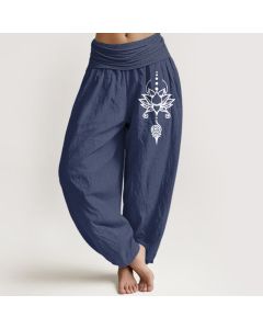 Buddha Stones Pure Cotton Zen Lotus Geometry Pattern Women's Elastic Waist Harem Pants - DarkSlateBlue / US2，UK/AU6，EU34 (XS)