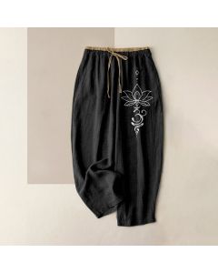 Buddha Stones Pure Cotton Zen Lotus Om Pattern Women's Elastic Waist Pants With Pockets - Black / US4，UK/AU8，EU36 (S)