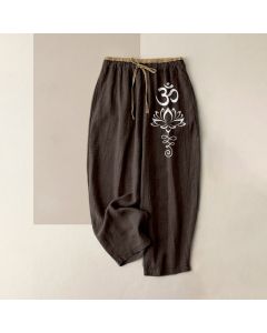 Buddha Stones Pure Cotton Zen Lotus Om Pattern Women's Elastic Waist Pants With Pockets - SaddleBrown / US4，UK/AU8，EU36 (S)