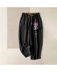 Buddha Stones Pure Cotton Zen Lotus Om Pattern Women's Elastic Waist Pants With Pockets - Black / US4，UK/AU8，EU36 (S)