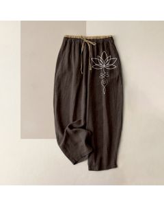 Buddha Stones Pure Cotton Zen Lotus Pattern Women's Elastic Waist Pants With Pockets - CadetBlue / US16，UK/AU20，EU48 (3XL)