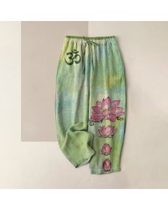 Buddha Stones Pure Cotton Zen Om Lotus Bloom Pattern Women's Elastic Waist Pants With Pockets - LightGreen / US4，UK/AU8，EU36 (S)