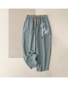 Buddha Stones Pure Cotton Zen White Bamboo Pattern Women's Elastic Waist Pants With Pockets - SaddleBrown / US16，UK/AU20，EU48 (3XL)