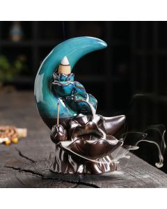 Buddha Stones Purple Clay Crescent Moon Lotus Enlightenment Backflow Incense Burner - Blue