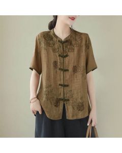 Buddha Stones Purple Flower Print Frog-Button Design Shirt - US16，UK/AU20，EU48 (3XL)