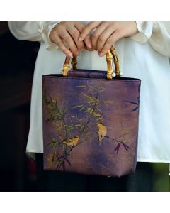 Buddha Stones Purple Magpie Birds Branches Bamboo Handles Handbag - Magpie Bird Bamboo 23*21*10cm
