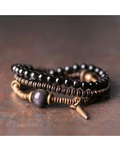 Buddha Stones Rainbow Obsidian Ebony Wood Copper Healing Triple Wrap Bracelet - Rainbow Obsidian&Ebony Wood / 18cm