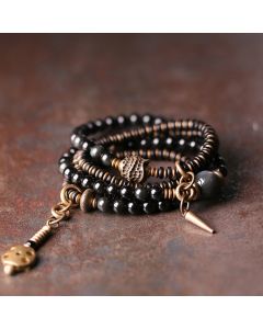 Buddha Stones Rainbow Obsidian Ebony Wood Copper Positive Multilayer Bracelet - 18cm