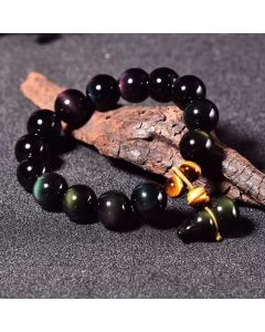 Buddha Stones Rainbow Obsidian Gourd Protection Vintage Chinese Bracelet - 14mm Rainbow Obsidian(Color Shifts in Light)