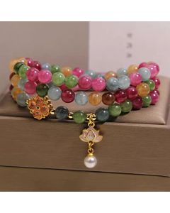 Buddha Stones Rainbow Tourmaline Lotus Wisdom Triple Wrap Beaded Charm Bracelet - Tourmaline(Protection♥Healing)
