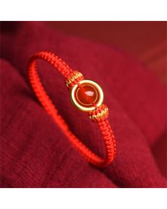 Buddha Stones Red Agate Bead Peace Buckle Calm Rope Bracelet - Black Rope(Wrist Circumference 14-18cm)