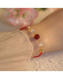 Buddha Stones Red Agate Cat Eye Braided String Confidence Bracelet - Red Agate&Black String(Bracelet Size 15+5cm)