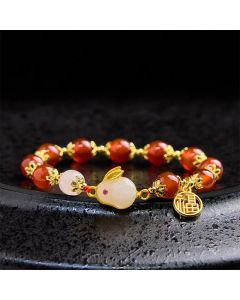 Buddha Stones Red Agate Chalcedony Rabbit Fu Character Confidence Bracelet - Chalcedony(Wrist Circumference 14-16cm)