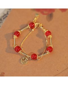 Buddha Stones Red Agate Fu Character Charm Self-acceptance Bracelet - Red Agate(Confidence♥Calm)(Wrist Circumference 14-16cm)