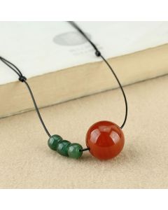 Buddha Stones Red Agate Green Aventurine Green Bodhi Seed Bead Calm Leather Rope Necklace Pendant - Red Agate&Green Bodhi Seed