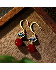 Buddha Stones Red Agate Lotus Enamel Gold Drop Confidence Earrings - Red Agate(Confidence ♥ Calm)