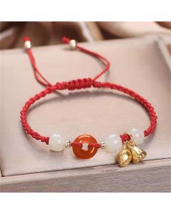 Buddha Stones Red Agate Peace Buckle Jade Lotus Healing Braided Bracelet - Red(Wrist Circumference 14-18cm)