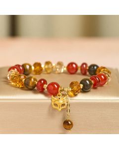 Buddha Stones Red Agate Tiger Eye Fox Charm Calm Beaded Bracelet - Red Agate(Wrist Circumference: 14-19cm)