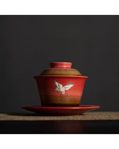 Buddha Stones Red Auspicious Crane Ceramic Gaiwan Sancai Teacup Kung Fu Tea Cup And Saucer With Lid - 12.4cm*8.8cm*100ml