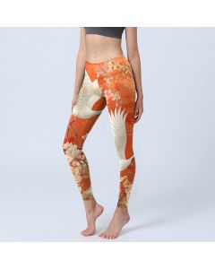 Buddha Stones Red-Crowned Crane Cherry Blossom Lotus Flower Pattern Print Gym Leggings Women's Yoga Pants - OrangeRed / US18，UK/AU22，EU50 (4XL)