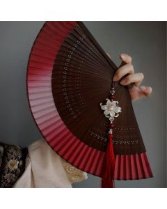Buddha Stones Red Lily Tassel Hollow Rib Silk Handheld Bamboo Folding Fan - Red 22cm-With Tassel&Brocade Box & Fan Cover (Pre-Sale)