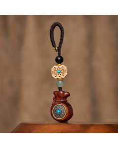 Buddha Stones Red Sandalwood Green Sandalwood Om Mani Padme Hum Blessing Chinese Coin Money Bag Design Serenity Keychains - Red Sandalwood - Keychain