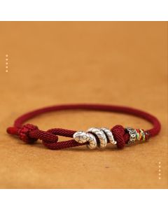 Buddha Stones Red String 925 Sterling Silver Year of the Snake Coin Ring Snake Luck Bracelet - Red / 18-20cm