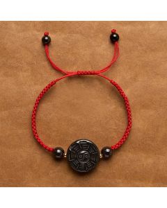 Buddha Stones Red String Black Obsidian Round Bagua Blessing Bracelet - Red String (Wrist Circumference: 5.9–6.7 in/15–17 cm) / Approx. 22 × 9mm