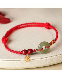 Buddha Stones Red String Black String Hetian Jade Peace Buckle Cinnabar 925 Silver Protection Bracelet - Black String
