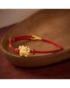 Buddha Stones Red String Copper Lucky Cat Protection Energy Bracelet - Black(Wrist Circumference 14–18cm)