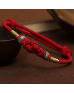Buddha Stones Red String Jade Luck Fortune Knot Braided String Bracelet - SaddleBrown String(Wrist Circumference 14-22cm)
