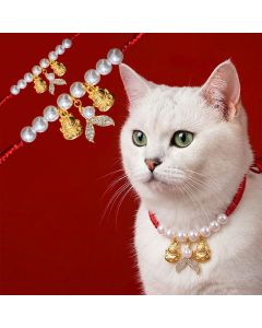 Buddha Stones Red String Plaited Pearl Fish Tail Protection Adjustable Cats Pet Collar - Red String / 15-25cm