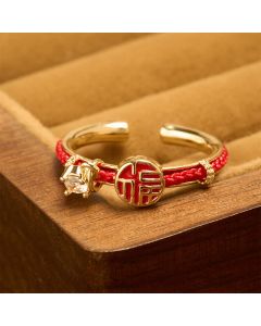 Buddha Stones Red String Round Fu Character Luck Open Ring - Gold Ring (US8)