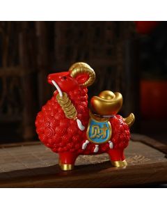 Buddha Stones Resin Prosperity Goat Sheep Fortune Bag Ingot Gourd Persimmon Desktop Ornament Cute Animal Decor - Red- Gold Ingot