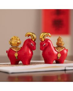 Buddha Stones Resin Zodiac Goat Sheep Prosperity Ingot Gourd Desk Accent Cute Animal Decor - Red Goat Ingot