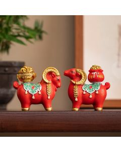 Buddha Stones Resin Zodiac Goat Sheep With Fortune Bag For Luck Cute Animal Decor - Prosperity Sheep - Red