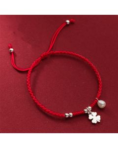 Buddha Stones Retro 925 Sterling Silver Four Leaf Clover Pearl Luck Red String Bracelet - 925 Sterling Silver(Wrist Circumference: 15-18cm)