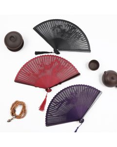 Buddha Stones Retro Bamboo Hollow Engraving Handheld Bamboo Folding Fan - Purple Branches 20cm