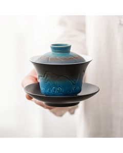 Buddha Stones Retro Blue Ocean Sea Waves Gradient Ceramic Gaiwan Sancai Teacup Kung Fu Tea Cup And Saucer With Lid - Black White Gradient 11.3*9.3cm*120ml