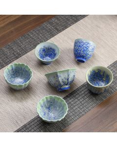 Buddha Stones Retro Blue Red Gradient Lotus Pattern Kiln Change Ceramic Teacup Kung Fu Tea Cup Bowl - Red / 7.4cm*4.5cm*60ml